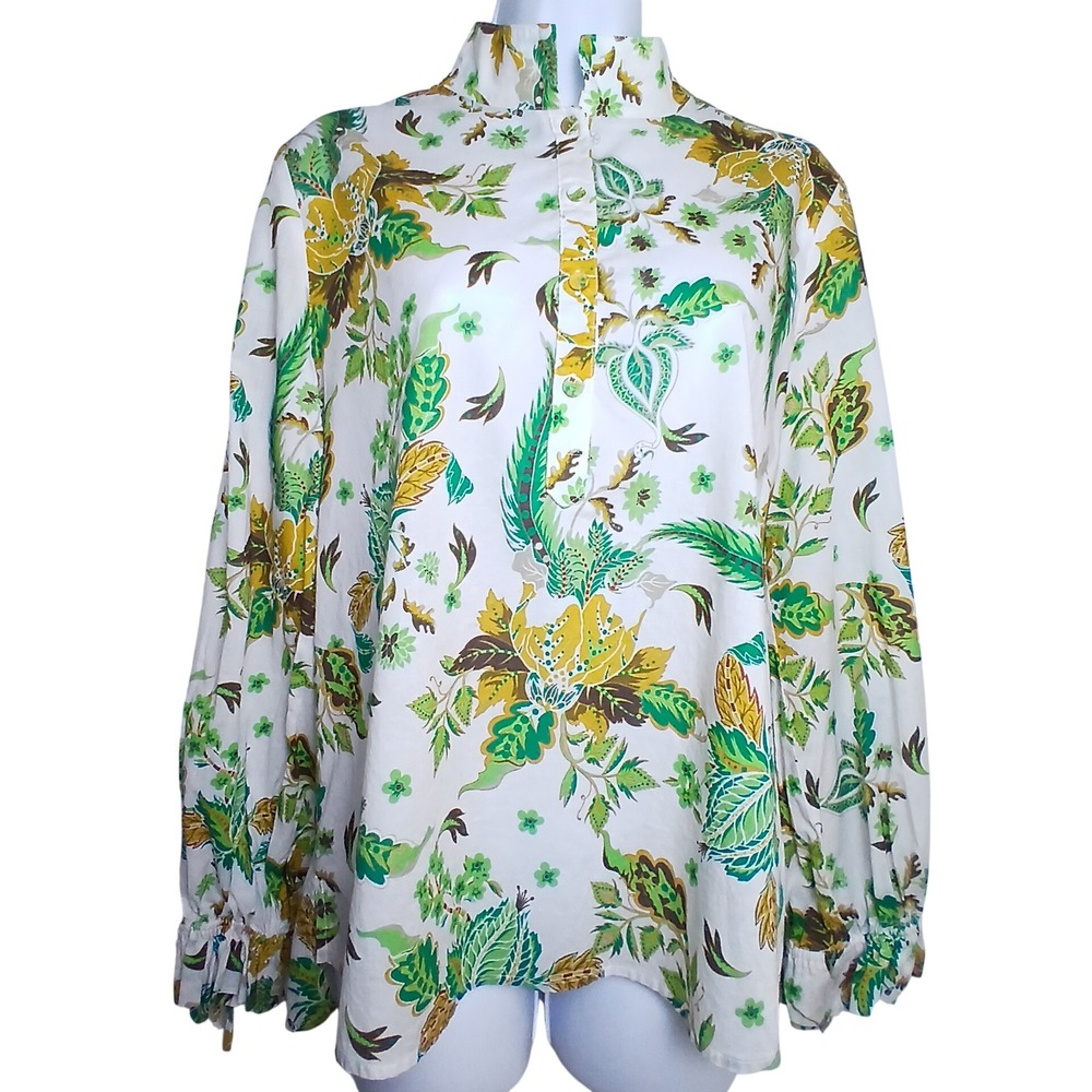 Antonio Melani Women M Cotton Floral Paisley Blouse Boho Cottagecore Green
